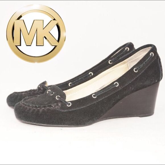 Michael Kors Black Suede Loafer-Style Wedges, 7.5 - Picture 1 of 8